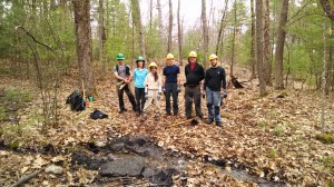 . Twelve volunteers cleared large trees that had blown down across the trail, cut back dense, young white pine growth to define the trail corridor, picked up litter at a road crossing, and hardened a wet, muddy section. 
